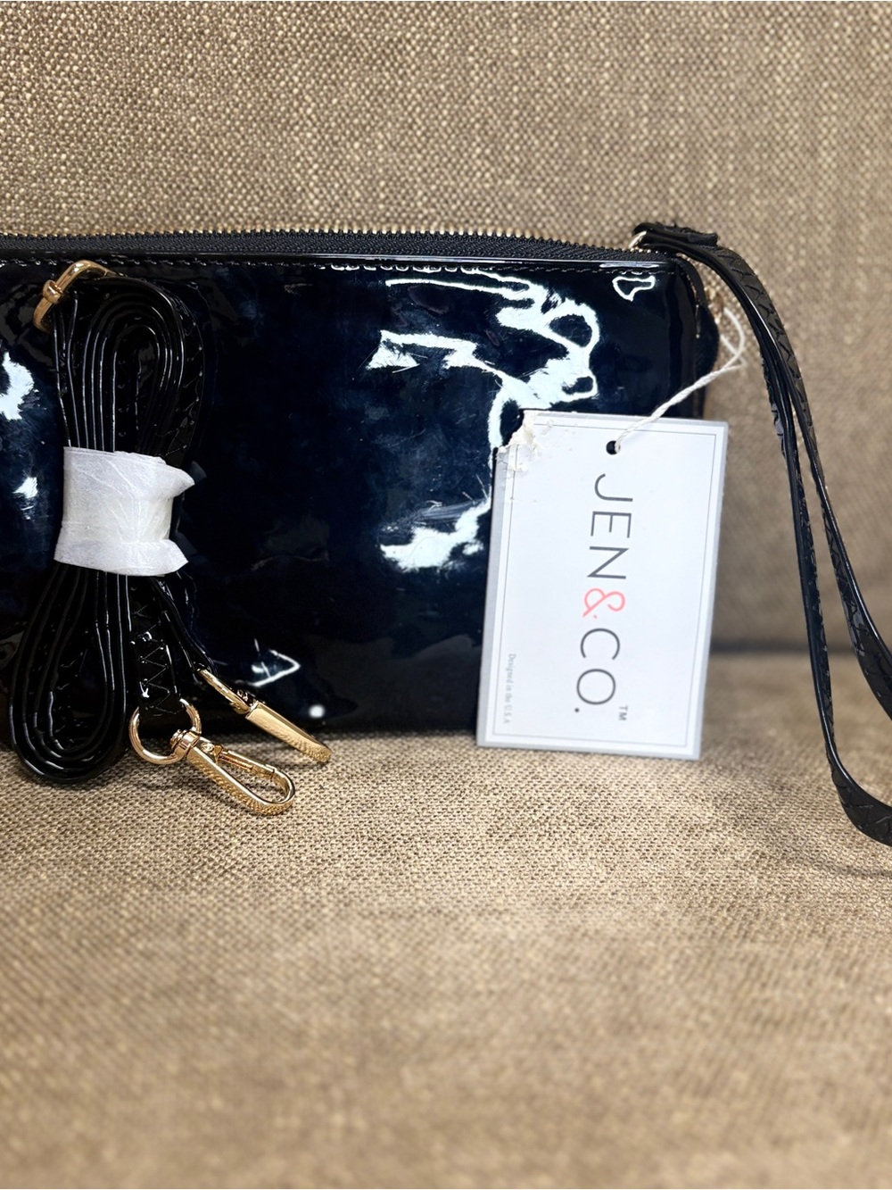 JEN & Co Riley Vegan Black Patent Wristlet Clutch